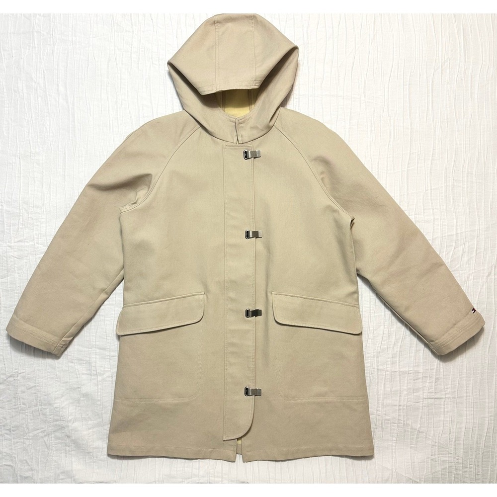 Vintage Tommy Hilfiger Hooded Toggle Coat Beige Womens XL Coastal Utility